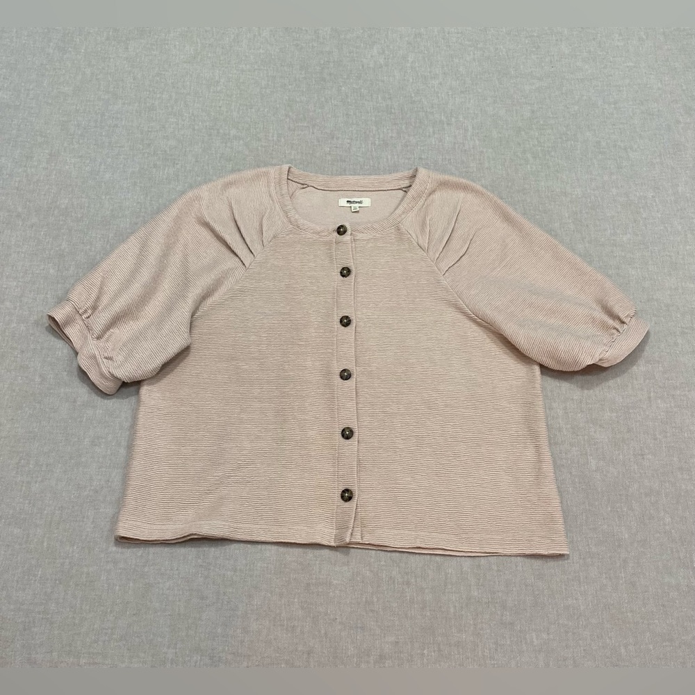 Madewell Beige Button Down Shirt Sz XL Ottoman Jacquard Pleat Puff Sleeve Blouse